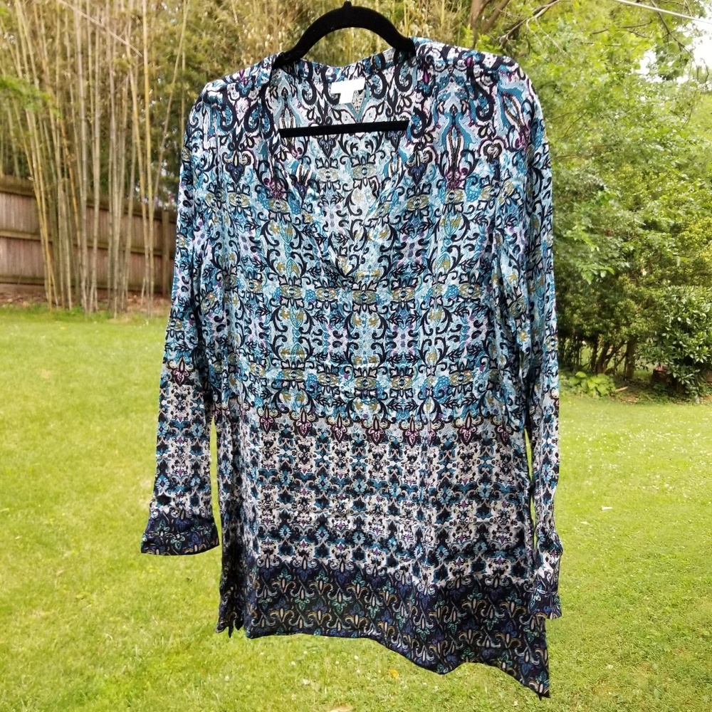 J.Jill blue multi-print tunic long-sleeve top S